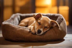 ai généré mignonne petit terrier chien repos sur animal de compagnie lit à Accueil photo