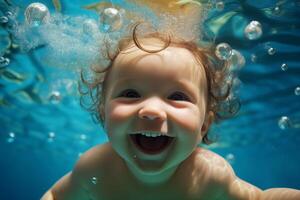 ai généré mignonne peu bébé nager sous-marin dans le piscine, souriant à le caméra. sous-marin enfant portrait dans mouvement. photo