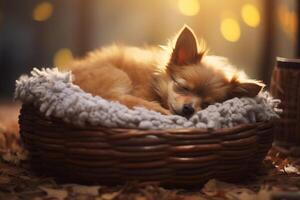 ai généré mignonne petit terrier chien repos sur animal de compagnie lit à Accueil photo