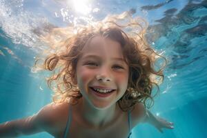 ai généré portrait de une mignonne peu fille nager sous-marin. sous-marin enfant portrait dans mouvement photo