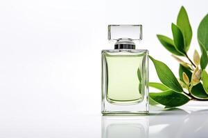 ai généré parfum verre bouteille avec vert essence isolé sur blanc Contexte avec Frais vert thé feuilles. élégant cosmétique maquette ou La publicité bannière, copie espace. photo