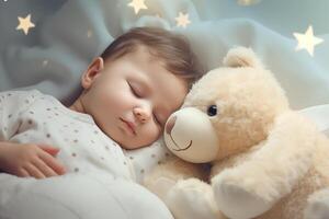 ai généré proche en haut portrait de magnifique mignonne bébé en train de dormir dans pyjama dans lit avec sa nounours ours, mensonge sur oreiller avec fermé yeux. photo