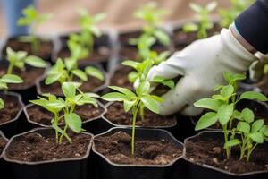 ai généré mains avec gants plantation Frais les plantes. communauté jardin, toit Urbain jardin. printemps plantation. de bonne heure semis, grandi de des graines dans des pots photo