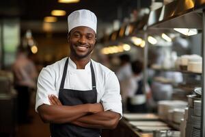 ai généré portrait de Afro-américain chef dans le cuisine dans une restaurant. photo