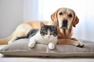 ai généré une chat et une chien sont repos sur une doux animal de compagnie lit. relation amicale entre chat et chien, espace pour texte. photo