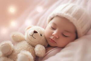 ai généré proche en haut portrait de magnifique mignonne bébé en train de dormir dans pyjama dans lit avec sa nounours ours, mensonge sur oreiller avec fermé yeux. photo