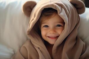 ai généré content les enfants portant ours capuche avec nounours ours, souriant enfant sur confortable lit. photo