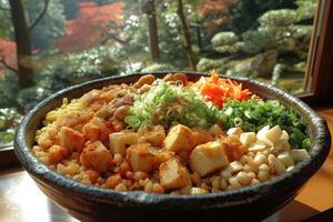 ai généré une assiette de une bien plaqué cuit Japonais plat sur une table Haut professionnel La publicité nourriture la photographie photo