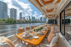 ai généré à manger table sur le plus haut plate-forme fantaisie yacht professionnel La publicité nourriture la photographie photo