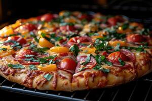 ai généré vue à l'intérieur le four plateau cuisson Pizza professionnel La publicité nourriture la photographie photo