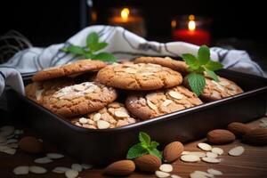 ai généré sucré amande biscuits sur le table professionnel La publicité nourriture la photographie photo