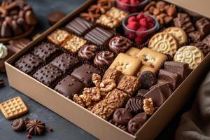 ai généré une grand cadeau boîte rempli avec une variété de des chocolats et biscuits professionnel La publicité nourriture la photographie photo