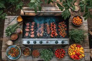 ai généré délicieux grillé Viande avec des légumes professionnel La publicité nourriture la photographie photo