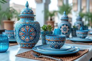 ai généré à manger table avec Ramadan ambiance décoration saint mois de Ramadan concept professionnel La publicité nourriture la photographie photo