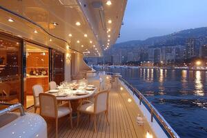 ai généré à manger table sur le plus haut plate-forme fantaisie yacht professionnel La publicité nourriture la photographie photo