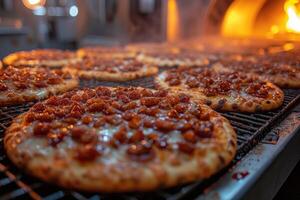 ai généré vue à l'intérieur le four plateau cuisson Pizza professionnel La publicité nourriture la photographie photo