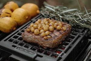 ai généré délicieux grillé Viande avec des légumes professionnel La publicité nourriture la photographie photo