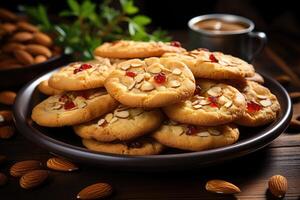 ai généré sucré amande biscuits sur le table professionnel La publicité nourriture la photographie photo