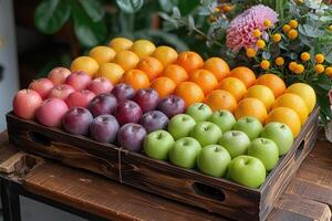 ai généré Frais des fruits cadeau boîte professionnel La publicité nourriture la photographie photo