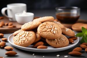 ai généré sucré amande biscuits sur le table professionnel La publicité nourriture la photographie photo