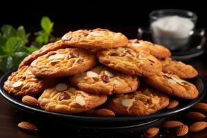 ai généré sucré amande biscuits sur le table professionnel La publicité nourriture la photographie photo