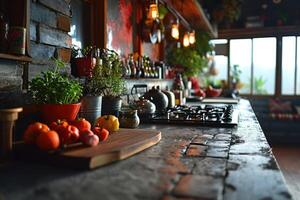 ai généré industriel cuisine conception avec béton professionnel La publicité la photographie photo