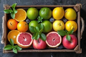 ai généré Frais des fruits cadeau boîte professionnel La publicité nourriture la photographie photo