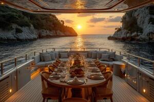 ai généré à manger table sur le plus haut plate-forme fantaisie yacht professionnel La publicité nourriture la photographie photo