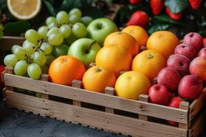 ai généré Frais des fruits cadeau boîte professionnel La publicité nourriture la photographie photo