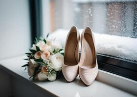 ai généré le de la mariée blanc des chaussures et le de la mariée bouquet sur le rebord de fenêtre. là est neige à l'extérieur le fenêtre, gel sur le la fenêtre. mariage dans l'hiver. hiver mariage. photo