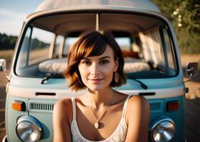 ai généré une Jeune fille des stands dans de face de sa monospace camping car sur une chaud ensoleillé journée. Voyage. photo