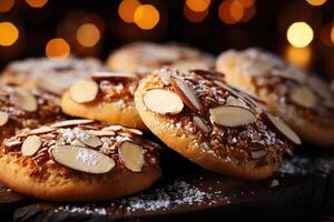 ai généré sucré amande biscuits sur le table professionnel La publicité nourriture la photographie photo