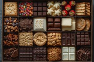 ai généré une grand cadeau boîte rempli avec une variété de des chocolats et biscuits professionnel La publicité nourriture la photographie photo