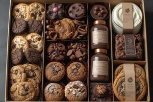 ai généré une grand cadeau boîte rempli avec une variété de des chocolats et biscuits professionnel La publicité nourriture la photographie photo