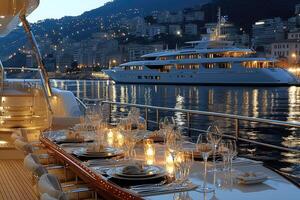 ai généré à manger table sur le plus haut plate-forme fantaisie yacht professionnel La publicité nourriture la photographie photo