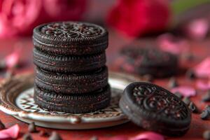 ai généré cœur Chocolat biscuits en volant dans le air professionnel La publicité nourriture la photographie photo