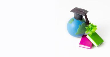 globe avec vert brindille, diplômé casquette et livres isolé sur blanc bannière Contexte. photo