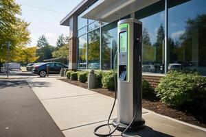 ai généré électrique voiture mise en charge gare. conservation une nettoyer environnement. commutation à électrique énergie. généré par artificiel intelligence photo