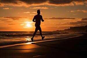 ai généré silhouette de une homme le jogging le long de le rive à le coucher du soleil et aube. fonctionnement concept. généré par artificiel intelligence photo