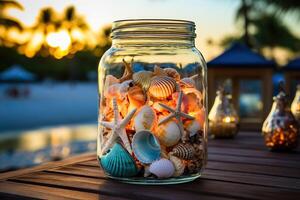 ai généré verre pot avec coquillages sur une en bois dessus de la table. tropical recours vacances concept. généré par artificiel intelligence photo