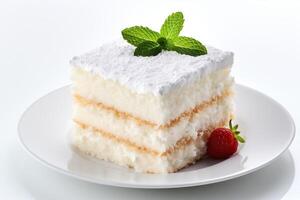 ai généré une pièce de blanc gâteau avec Frais menthe et framboises mensonges sur une plaque. généré par artificiel intelligence photo