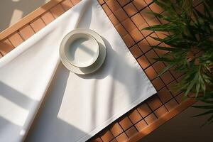 ai généré café intérieur. Haut vue de un vide blanc tasse sur une blanc serviette de table. généré par artificiel intelligence photo