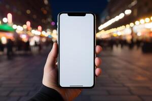 ai généré une homme détient une téléphone intelligent dans le sien main sur une ville rue dans le soir. généré par artificiel intelligence photo