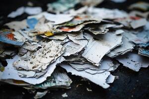 ai généré une pile de vieux sale restes de papiers et journaux sur le sol. généré par artificiel intelligence photo