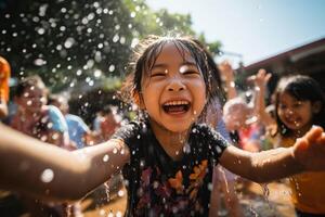 ai généré mignonne asiatique fille ayant amusement dans éclabousser l'eau en plein air. songkran. généré par artificiel intelligence photo