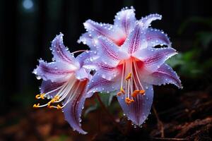 ai généré lilas fleurs de lys dans gouttes de l'eau fermer. généré par artificiel intelligence photo