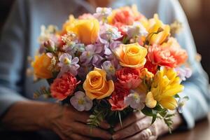 ai généré une magnifique bouquet de fleurs dans le mains de un personnes âgées femme. de la mère journée concept, Mars 8e. généré par artificiel intelligence photo