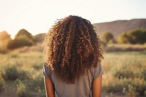 ai généré un attrayant peau foncée Jeune femme avec frisé cheveux des stands en arrière dans le la nature. généré par artificiel intelligence photo