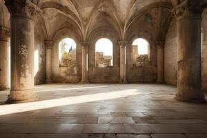 ai généré vieux antique bâtiment avec haute Colonnes, vue de le à l'intérieur. généré par artificiel intelligence photo