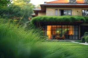 ai généré une bâtiment encadré par luxuriant vert herbe dans une paisible réglage photo